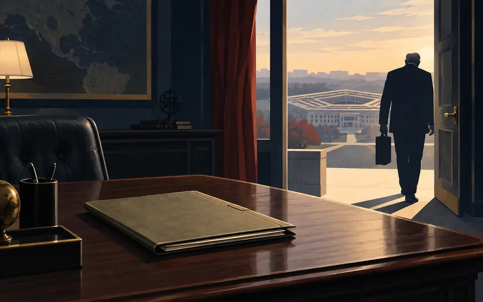 Illustration of a senior defense official leaving office amid leadership tensions.