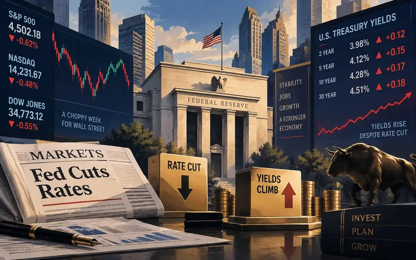 Illustration of a market caught between a Fed rate cut and rising bond yields, with earnings strength offering a counterweight.