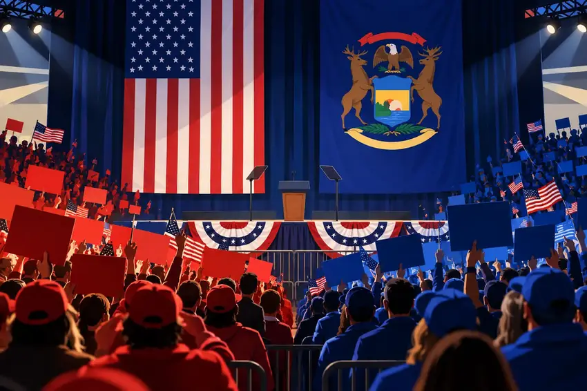 Illustration of a Michigan campaign rally stage with a divided crowd beneath state and national flags.