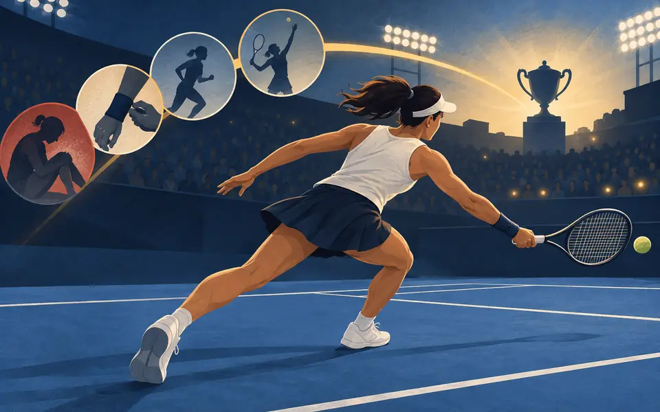 Illustration of a leading tennis player returning from injury to a major hard-court tournament.
