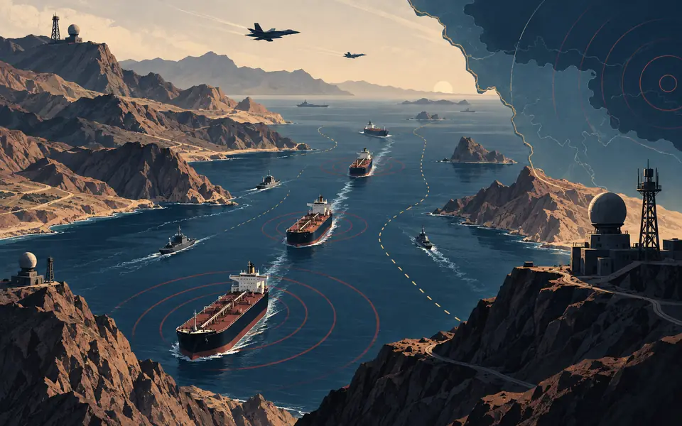 Illustration of commercial shipping, surveillance and military escalation around the Strait of Hormuz.