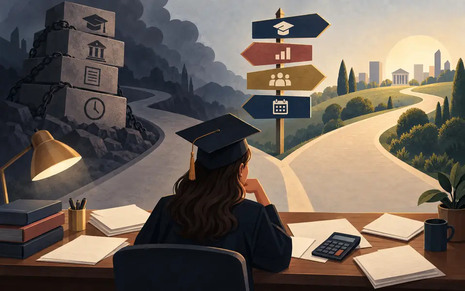 Illustration of a graduate weighing changing student-loan repayment paths against a heavy debt burden.